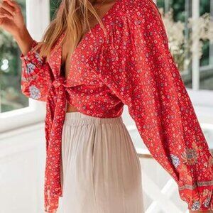 Red Wildflowers Long Sleeve Kimono Wrap Crop Top